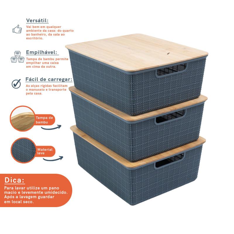 Kit 3 Caixas Organizadoras Tampa de Bambu 12l Cinza - Oikos